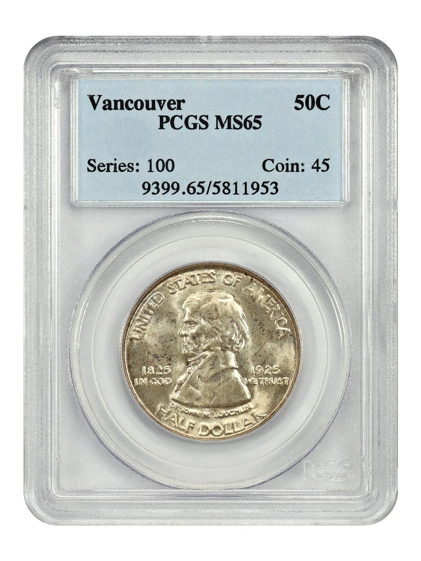 1925 Silver 50 Cent Fort Vancouver PCGS MS65 Low Mintage Commemorative Coin: 1925 Silver 50 Cent Fort Vancouver PCGS MS65 Low Mintage Commemorative Coin This 1925 Vancouver 50-cent coin is a classic silver commemorative, graded MS65 by PCGS. Struck in Philadelphia, it celebrat