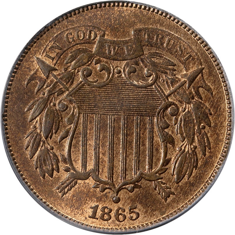 1865 Two Cent Copper Coin Fancy 5 PCGS MS64 RB Red Brown: 1865 Two Cent Copper Coin Fancy 5 PCGS MS64 RB Red Brown This 1865 Two Cent Piece features the Fancy '5' variety and has been graded MS64 RB by PCGS. The coin offers superb eye appeal, strong luster,