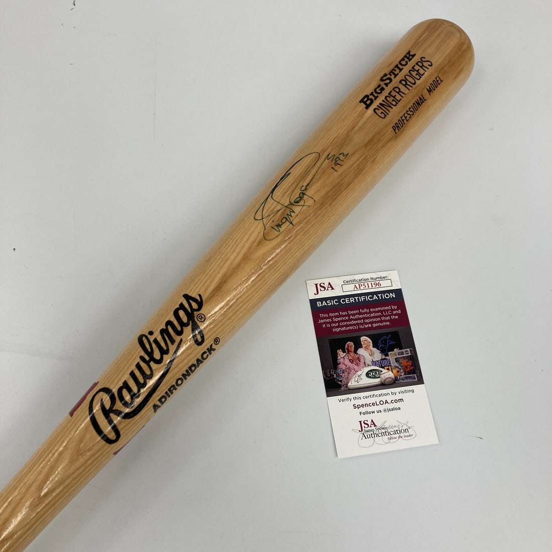 Ginger Rogers Signed Rawlings Baseball Bat with JSA Authentication: Ginger Rogers Signed Rawlings Baseball Bat with JSA Authentication This authentic Rawlings personal model baseball bat is signed by the legendary Ginger Rogers, a celebrated figure in the world of ent
