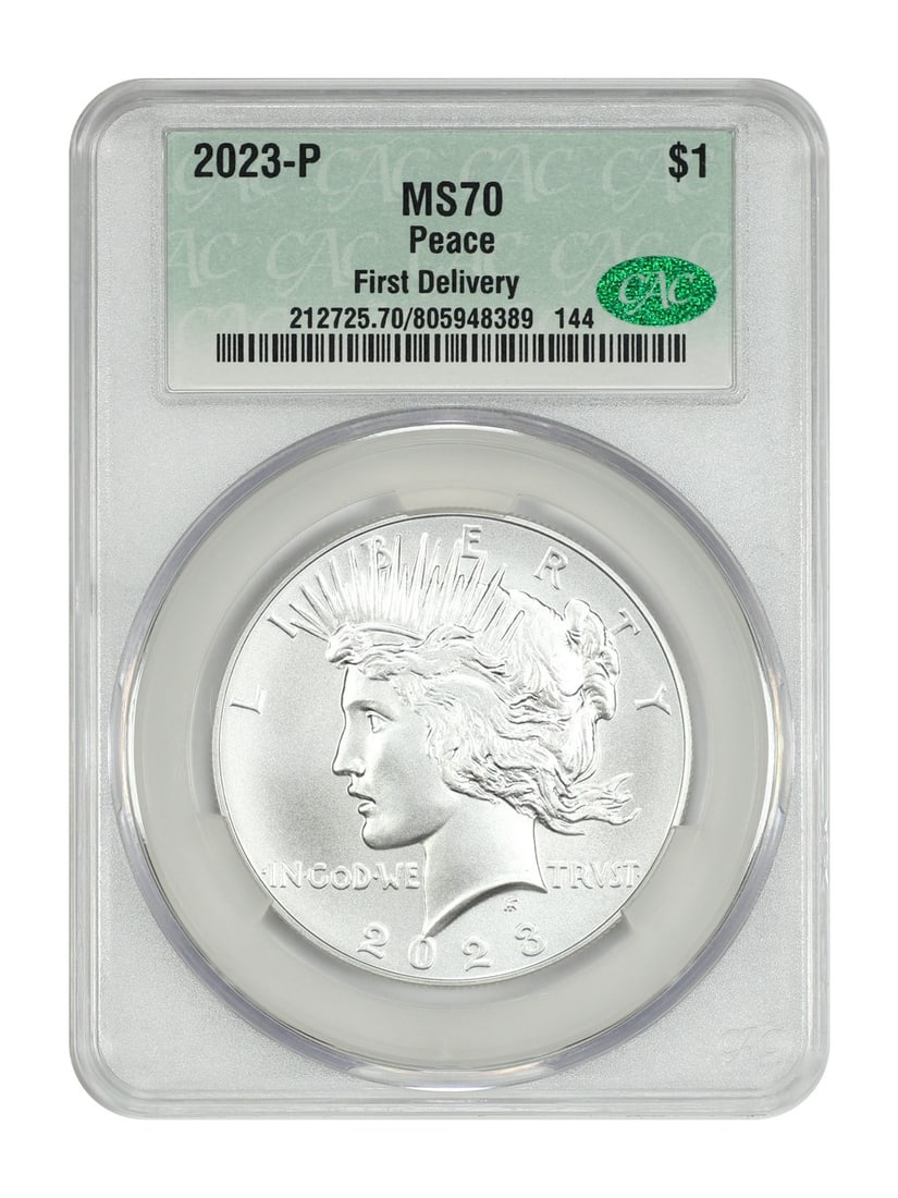 CACG MS70 Peace Dollar 2023 Philadelphia First Delivery Silver Coin: CACG MS70 Peace Dollar 2023 Philadelphia First Delivery Silver Coin This is a 2023-P Peace Dollar graded by CACG as MS70 (Mint State 70) with First Delivery status. Struck at the Philadelphia Mint, th