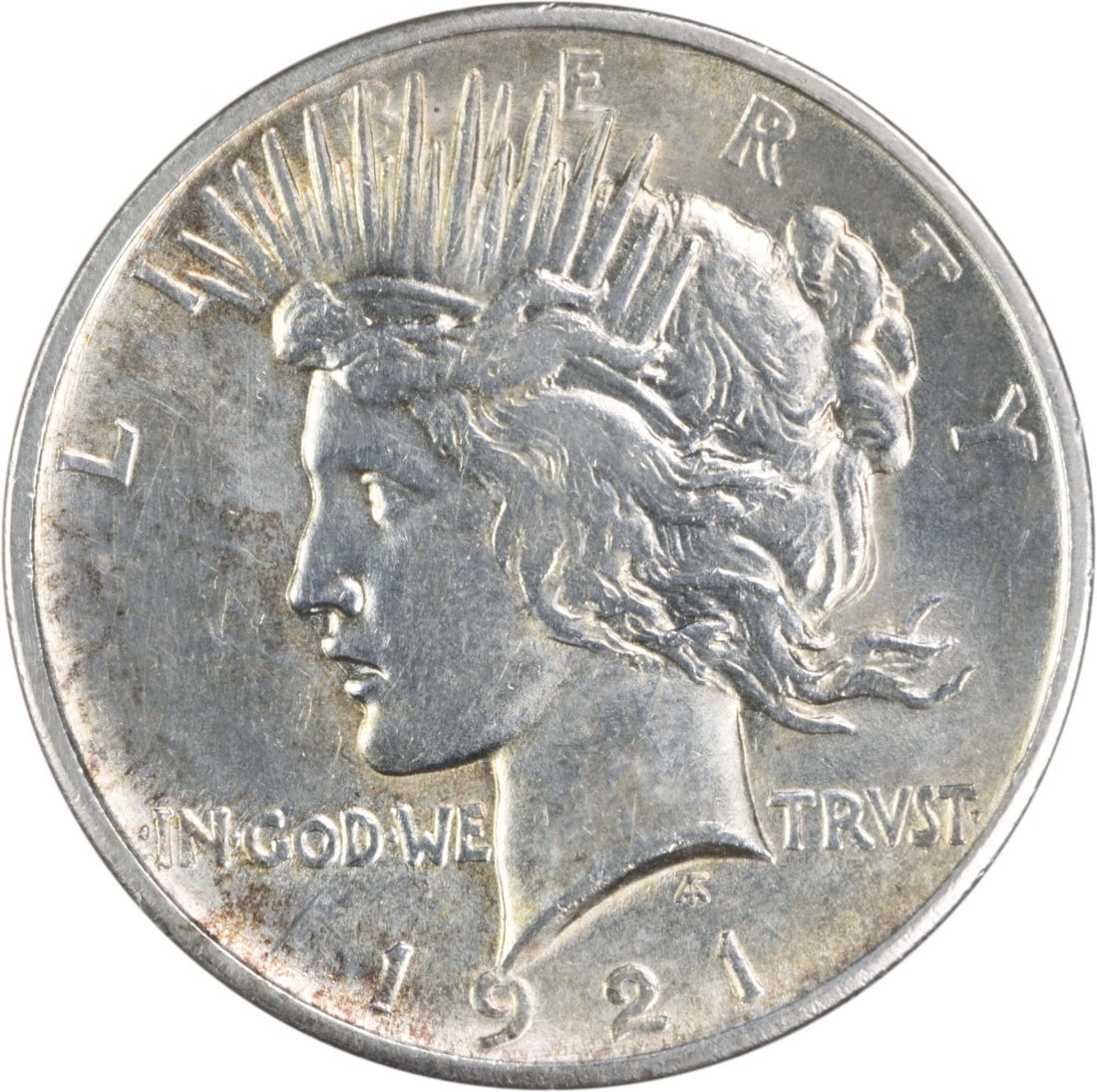 1921 Peace Silver Dollar AU Uncertified 90% Silver Coin: 1921 Peace Silver Dollar AU Uncertified 90% Silver Coin This 1921 Peace Silver Dollar is a remarkable piece of American history, struck in Philadelphia with a mintage of 1,006,473 coins. The coin feat