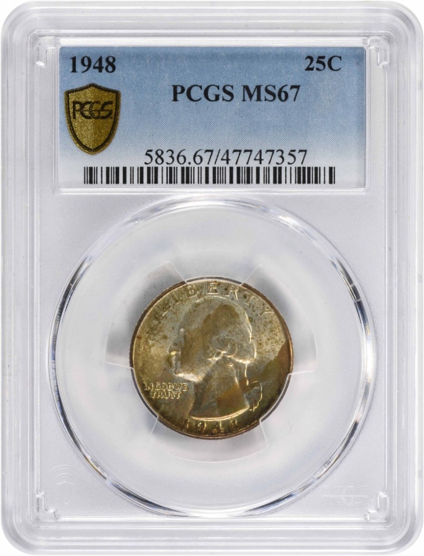 1948 Washington Quarter MS67 PCGS 90% Silver Uncirculated: 1948 Washington Quarter MS67 PCGS 90% Silver Uncirculated This 1948 Washington Silver Quarter, graded MS67 by PCGS, is an exceptional addition for any coin collector. Struck in Philadelphia, this unci