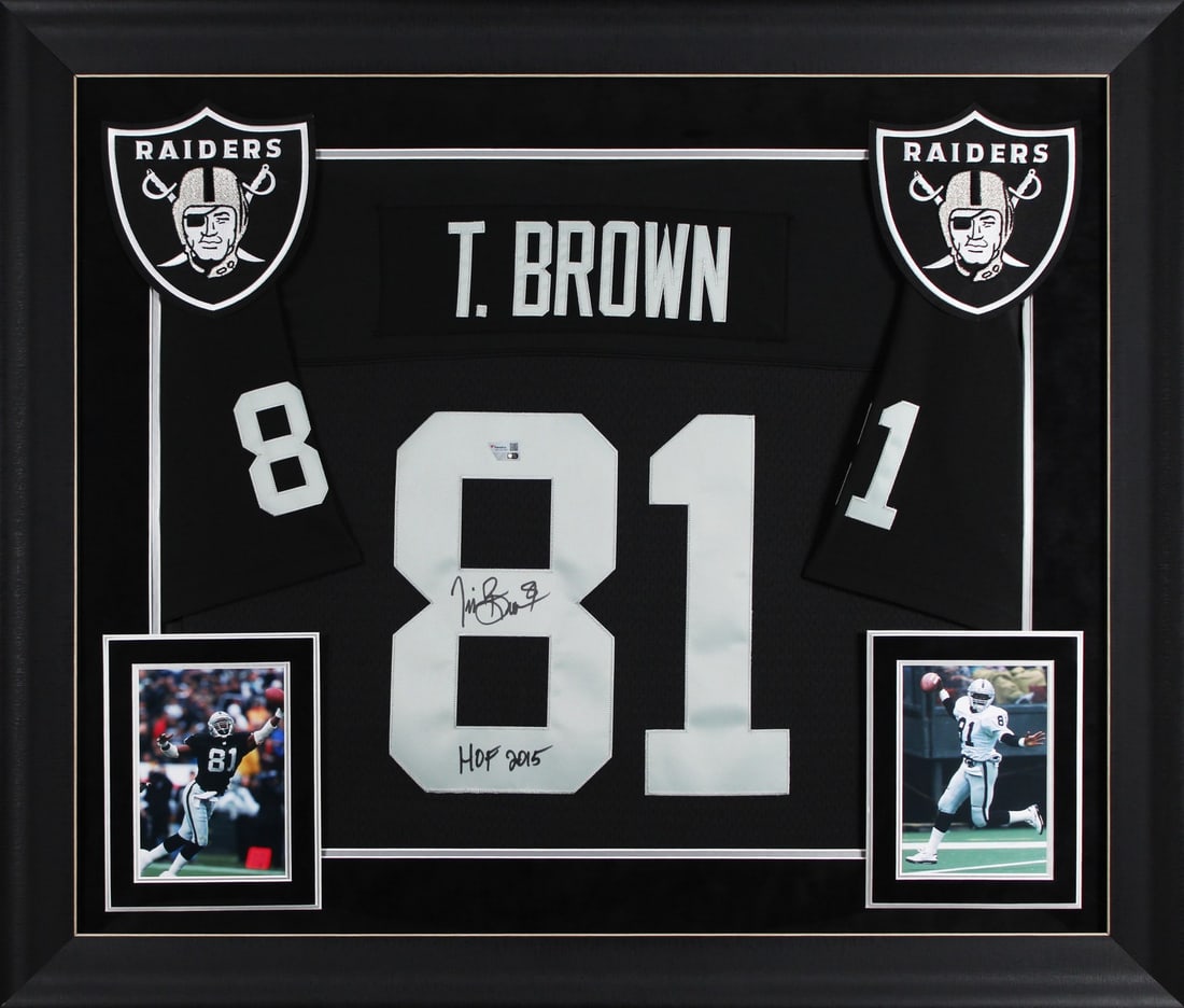Tim Brown Signed Framed Jersey HOF 2015 Las Vegas Raiders Fanatics: Tim Brown Signed Framed Jersey HOF 2015 Las Vegas Raiders Fanatics Celebrate the legacy of Tim Brown with this stunning autographed black Mitchell & Ness throwback framed jersey, featuring the inscrip
