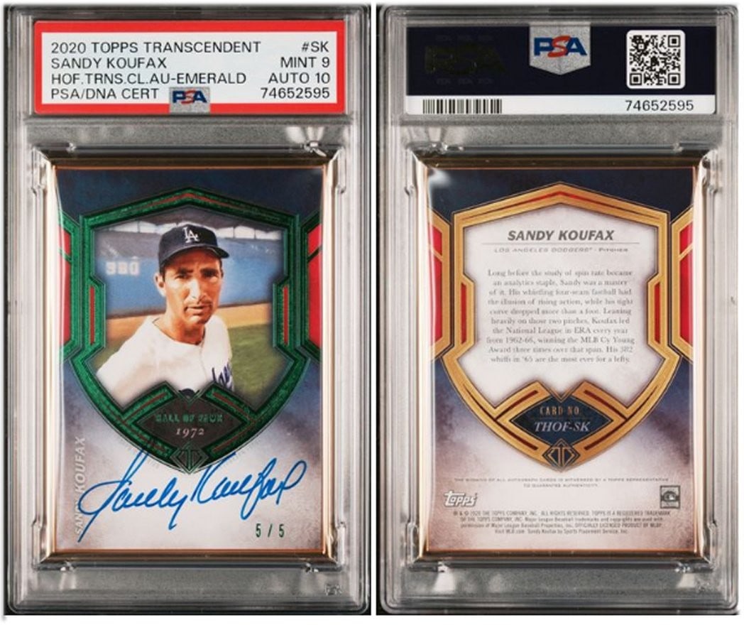 Sandy Koufax 2020 Topps Transcendent HOF Emerald Signed 5/5 PSA 9/10: Sandy Koufax 2020 Topps Transcendent HOF Emerald Signed 5/5 PSA 9/10 This is a rare Sandy Koufax 2020 Topps Transcendent Hall of Fame Emerald baseball trading card, featuring a stunning emerald finish