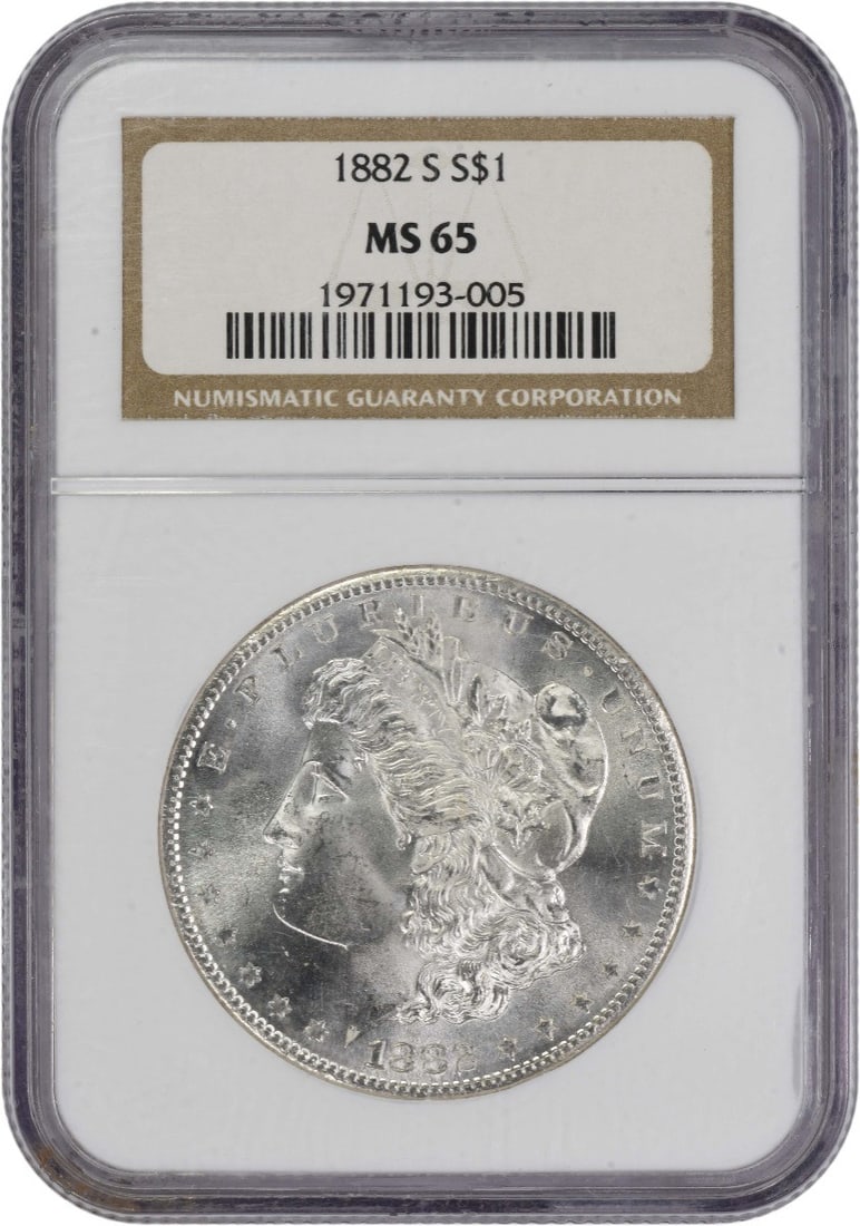 MS65 1882 San Francisco Morgan Dollar NGC Certified 90% Silver: MS65 1882 San Francisco Morgan Dollar NGC Certified 90% Silver This 1882-S Morgan Silver Dollar is certified by NGC with a grade of MS65, indicating an uncirculated condition. Struck at the San Franci