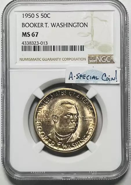 1950 Booker T Washington Silver Commemorative Coin NGC MS67: 1950 Booker T Washington Silver Commemorative Coin NGC MS67 This impressive 1950 S Classic Commemorative Booker T. Washington coin is certified by NGC with a high grade of MS 67, indicating its uncirc