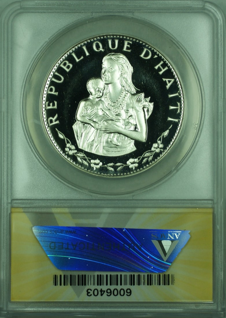 Haiti 1973 Silver 50 Gourdes ANACS PR 68 Woman and Child KM 105: Haiti 1973 Silver 50 Gourdes ANACS PR 68 Woman and Child KM 105 This 1973 50 Gourdes silver coin from Haiti features the "Woman & Child" design. Certified by ANACS with a grade of PF 68 DCAM, it is an