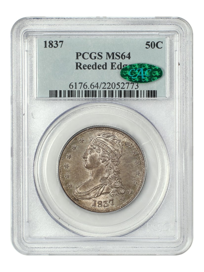 PCGS CAC MS64 1837 Reeded Edge Capped Bust Half Dollar 50C: PCGS CAC MS64 1837 Reeded Edge Capped Bust Half Dollar 50C This 1837 Capped Bust Half Dollar is a reeded edge type coin minted in Philadelphia, representing the first widely produced issue using the n