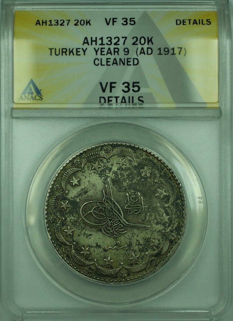 1917 Turkey 20 Kurus Silver Coin ANACS VF 35 KM 780: 1917 Turkey 20 Kurus Silver Coin ANACS VF 35 KM 780 This is a 1917 Turkish 20 Kurus silver coin, certified by ANACS with a grade of VF 35 Details and noted as cleaned. The coin is composed of silver a
