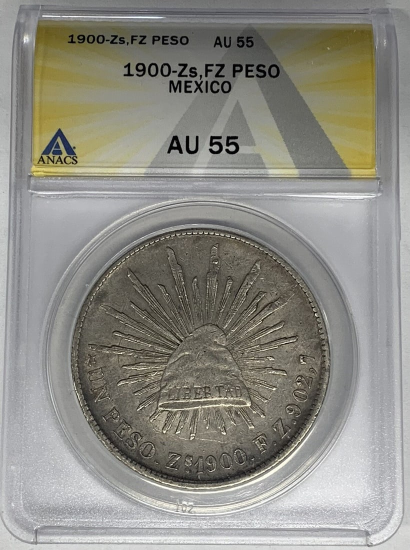 ANACS AU 55 Silver Peso Coin Mexico 1900-Zs FZ: ANACS AU 55 Silver Peso Coin Mexico 1900-Zs FZ This 1900-Zs,FZ Mexico Peso coin is from the Second Republic period (1867-1905) and is composed of silver. It is graded AU 55 by ANACS and was minted in