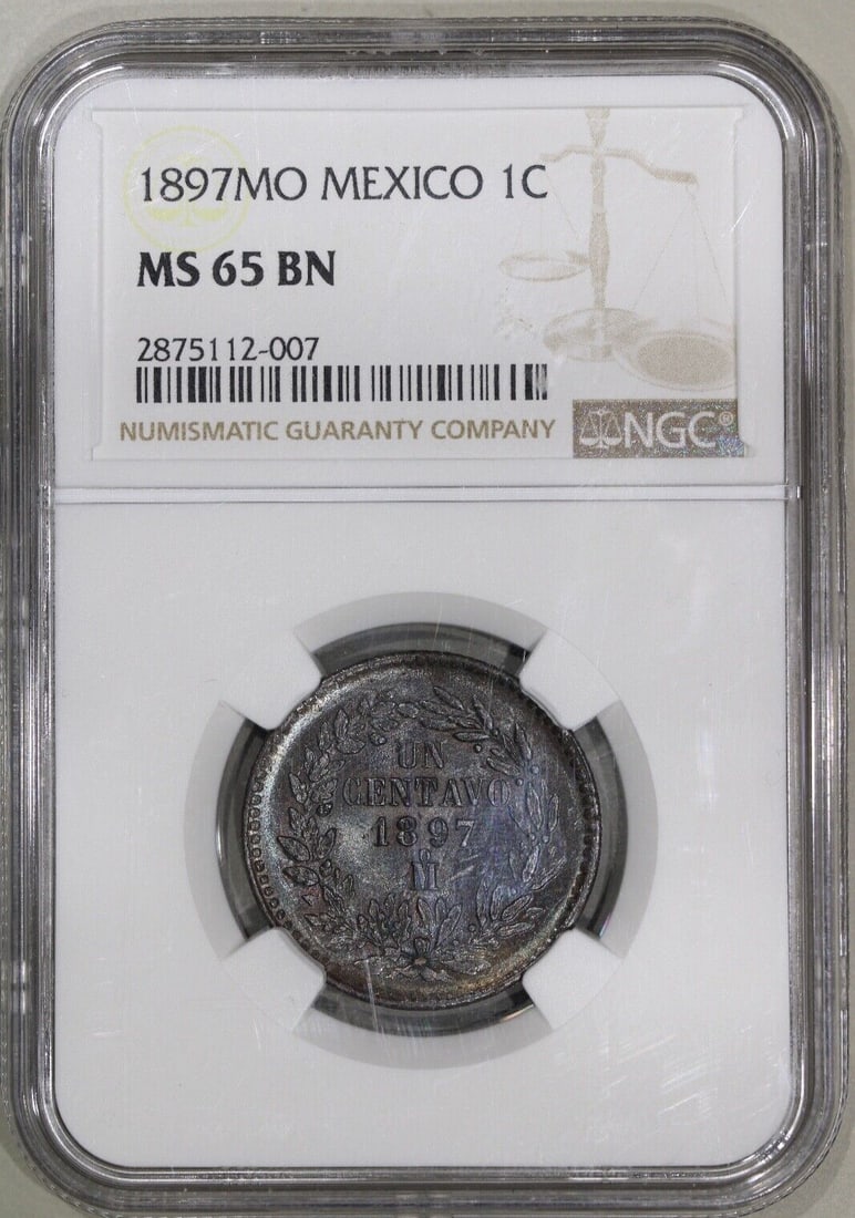1897-Mo Mexico 1 Centavo NGC MS 65 BN Copper Coin: 1897-Mo Mexico 1 Centavo NGC MS 65 BN Copper Coin This 1897-Mo Mexico 1 Centavo coin is a remarkable piece of numismatic history. Graded MS 65 BN by NGC, it showcases a brilliant uncirculated conditio