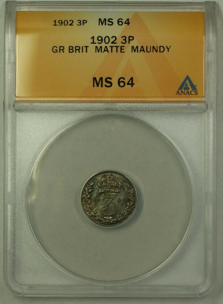 Silver 1902 Maundy Threepence King Edward VII ANACS MS 64 Blue Toned Coin: Silver 1902 Maundy Threepence King Edward VII ANACS MS 64 Blue Toned Coin This 1902 Great Britain 3 Pence coin features King Edward VII and is graded MS 64 Matte Maundy by ANACS. The coin is composed