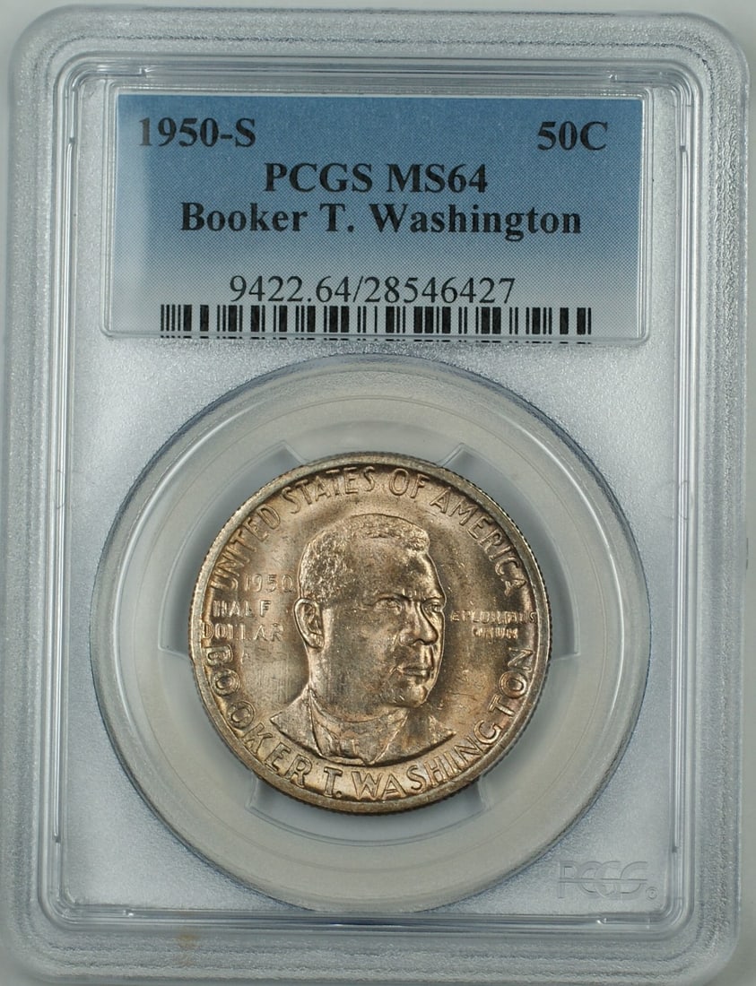 PCGS MS-64 1950-S Silver Half Dollar Booker T. Washington Commemorative Coin: PCGS MS-64 1950-S Silver Half Dollar Booker T. Washington Commemorative Coin This 1950-S Booker T. Washington Commemorative Half Dollar is a silver coin graded MS-64 by PCGS. Struck at the San Francis