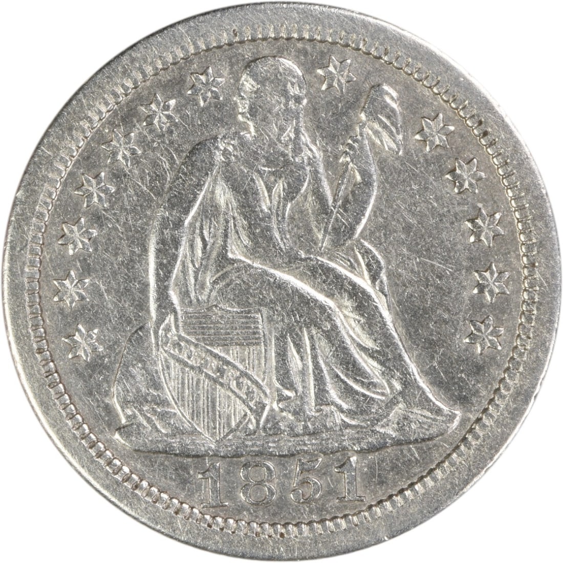 1851 New Orleans Seated Liberty Dime 90 Percent Silver Uncertified EF: 1851 New Orleans Seated Liberty Dime 90 Percent Silver Uncertified EF This 1851-O Liberty Seated Dime is a circulated coin from the New Orleans Mint, graded EF (Extremely Fine). It features the classi