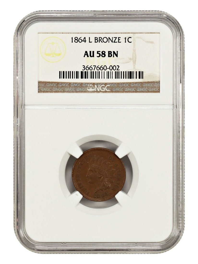 NGC AU58 1864 Indian Cent L on Ribbon Key Variety: NGC AU58 1864 Indian Cent L on Ribbon Key Variety This is an 1864 Indian Cent featuring the 'L on Ribbon' variety, a key collectible attributed to designer James Longacre. Certified by NGC with an AU5