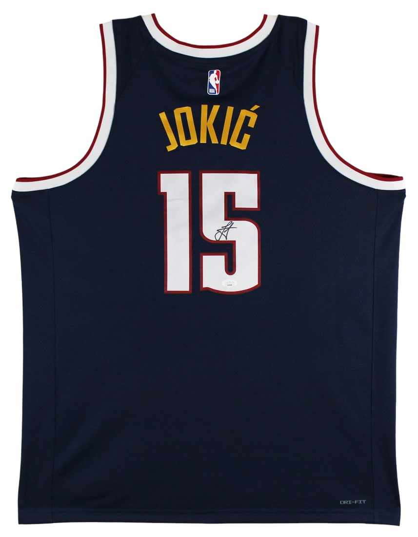 Nikola Jokic Signed Navy Blue Nike Jersey JSA Certified Denver Nuggets: Nikola Jokic Signed Navy Blue Nike Jersey JSA Certified Denver Nuggets This authentic navy blue Nike Swingman jersey, featuring the Denver Nuggets, is personally signed by Nikola Jokic, the star playe