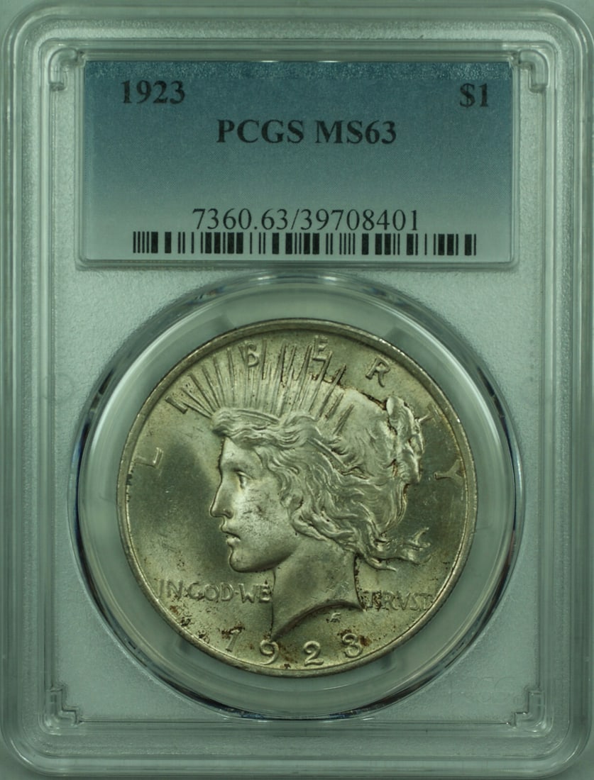 PCGS MS-63 1923 Peace Dollar Silver Coin Light Toning United States $1: PCGS MS-63 1923 Peace Dollar Silver Coin Light Toning United States $1 This 1923 Peace Silver Dollar is an uncirculated $1 coin from the United States, certified by PCGS with a grade of MS-63. Lightly