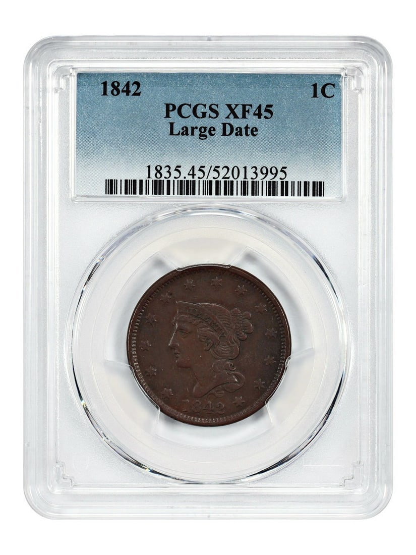 PCGS XF45 1842 Large Date Braided Hair One Cent Coin: PCGS XF45 1842 Large Date Braided Hair One Cent Coin This 1842 Braided Hair Cent features the Large Date variety and has been graded XF45 BN by PCGS. Struck in Philadelphia, this circulated coin is pa