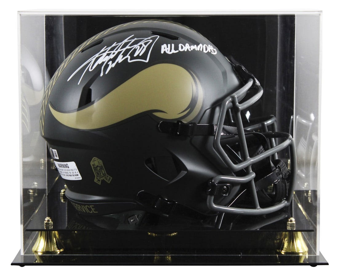 Adrian Peterson Signed Vikings Helmet All Day Inscription BAS Authenticated: Adrian Peterson Signed Vikings Helmet All Day Inscription BAS Authenticated This is an original, full-size Riddell Speed replica helmet signed by Adrian Peterson, featuring the inscription "All Damn D