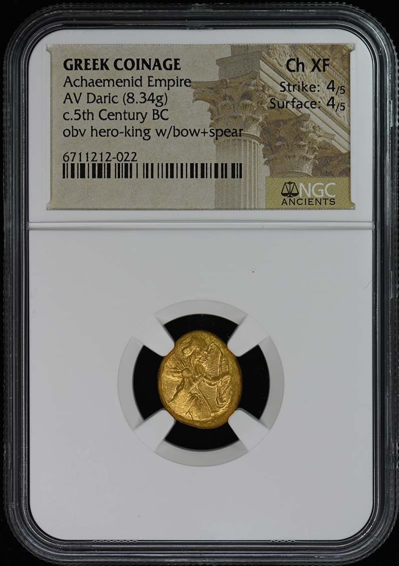 Achaemenid Empire Greek Daric Coin NGC Ch XF Certified: Achaemenid Empire Greek Daric Coin NGC Ch XF Certified This Achaemenid Empire Greek Daric coin is certified by NGC, featuring a grade of Choice Extremely Fine (Ch XF) with a strike of 4/5 and surface