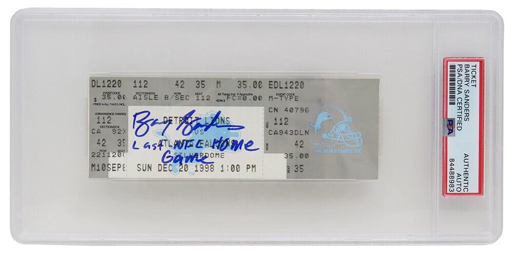 Barry Sanders Autographed Ticket Last Home Game PSA Detroit Lions vs Falcons: Barry Sanders Autographed Ticket Last Home Game PSA Detroit Lions vs Falcons Celebrate the legacy of football legend Barry Sanders with this original ticket stub from his last home game, played on Dec