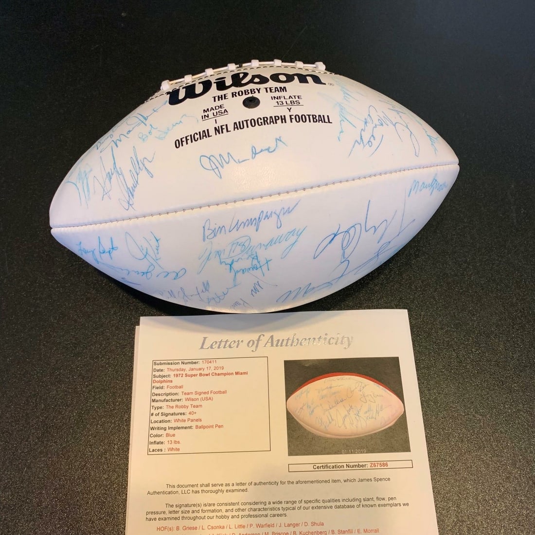 1972 Miami Dolphins Super Bowl Champs Signed Football 40+ JSA COA: 1972 Miami Dolphins Super Bowl Champs Signed Football 40+ JSA COA Celebrate the historic achievement of the 1972 Miami Dolphins with this original team-signed football. This official Wilson NFL (Rozel