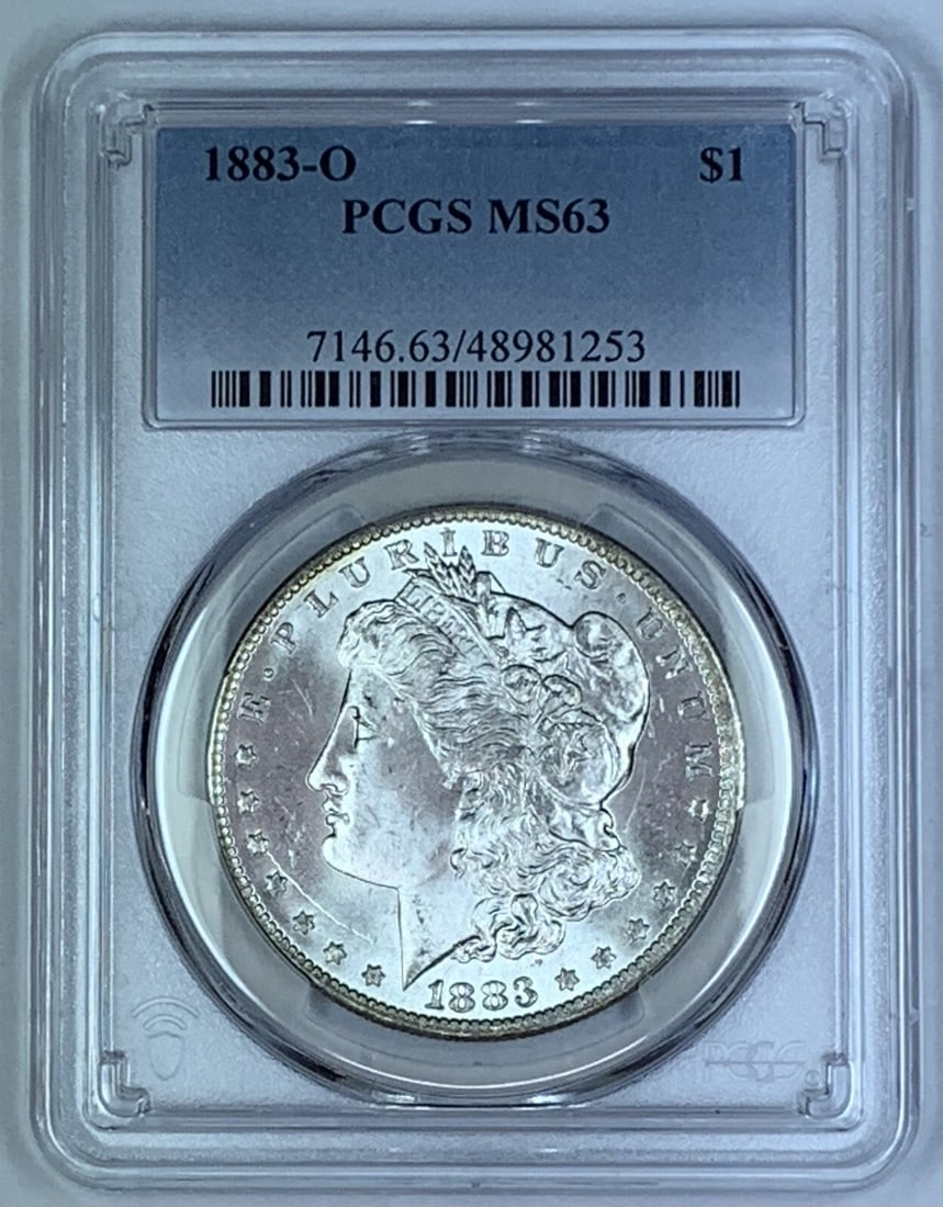 PCGS MS 63 1883-O Morgan Silver Dollar Certified Uncirculated Coin: PCGS MS 63 1883-O Morgan Silver Dollar Certified Uncirculated Coin This is an 1883-O Morgan Silver Dollar graded MS 63 by PCGS. Featuring the classic Morgan design, this uncirculated coin is composed