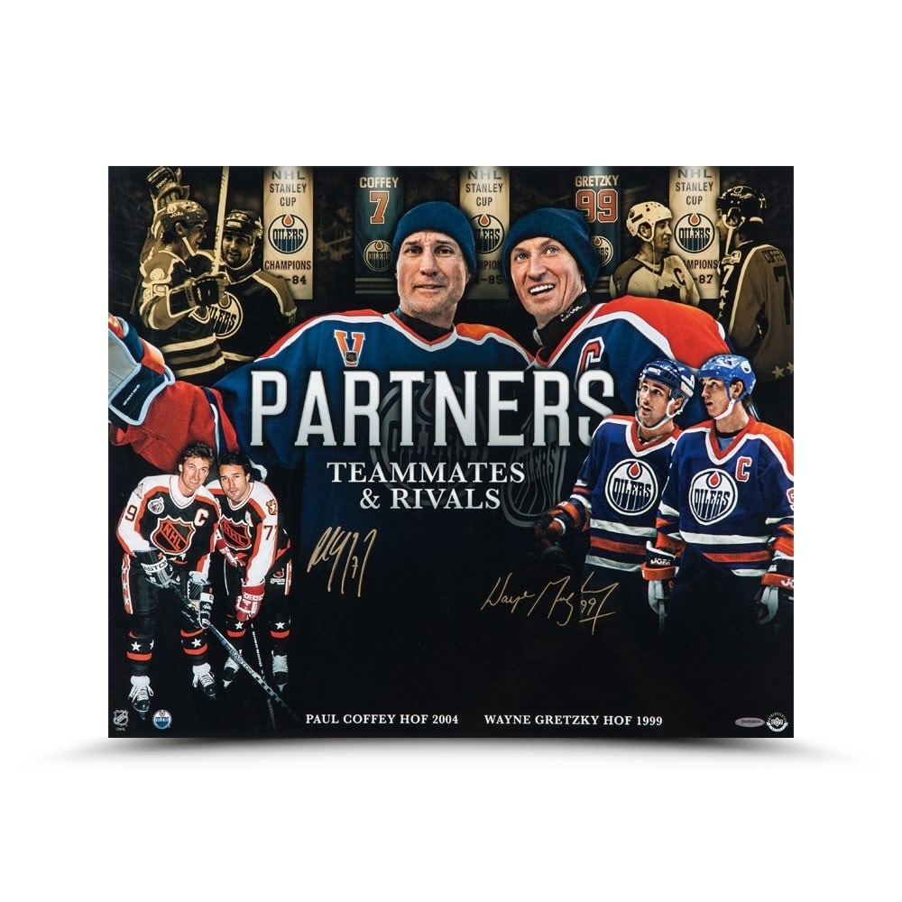 Wayne Gretzky Paul Coffey Autographed 20x24 Photo Upper Deck Authenticated: Wayne Gretzky Paul Coffey Autographed 20x24 Photo Upper Deck Authenticated This original autographed 20X24 photo features hockey legends Wayne Gretzky and Paul Coffey, both iconic players of the Edmon