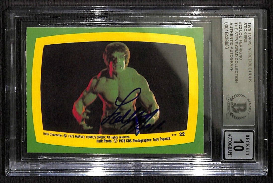 1979 Topps Incredible Hulk Sticker #22 Lou Ferrigno Autograph Beckett 10: 1979 Topps Incredible Hulk Sticker #22 Lou Ferrigno Autograph Beckett 10 This is a 1979 Topps Incredible Hulk Stickers #22 non-sports trading card, personally signed by Lou Ferrigno, who portrayed The