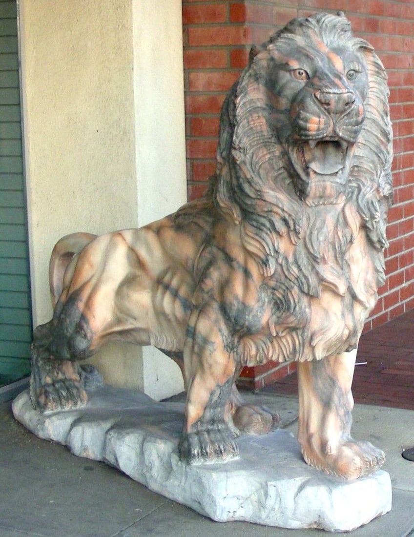 Giant Hand Carved Lion Statues in Pink Grey Marble Pair (1 of 6)