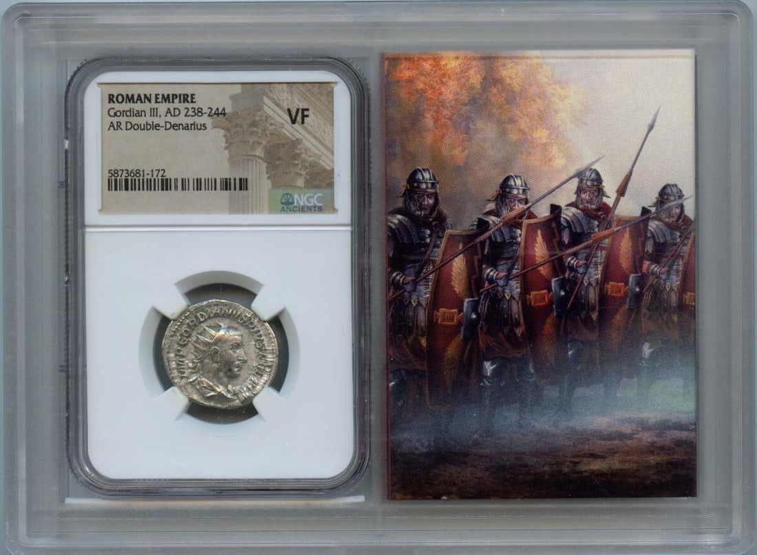 Gordian III AR Double-Denarius Ancient Roman Coin NGC VF20: Gordian III AR Double-Denarius Ancient Roman Coin NGC VF20 This ancient Roman AR Double-Denarius coin, minted during the reign of Gordian III from AD 238-244, is certified by NGC with a grade of VF20.