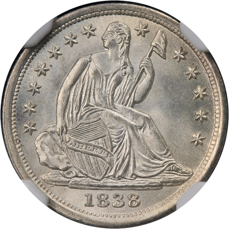 1838 Seated Liberty Half Dime NGC MS67 Blazing White Gem: 1838 Seated Liberty Half Dime NGC MS67 Blazing White Gem This stunning 1838 Seated Liberty Half Dime is graded NGC MS67, showcasing exceptional eye appeal with fantastic luster and a strong strike. Th