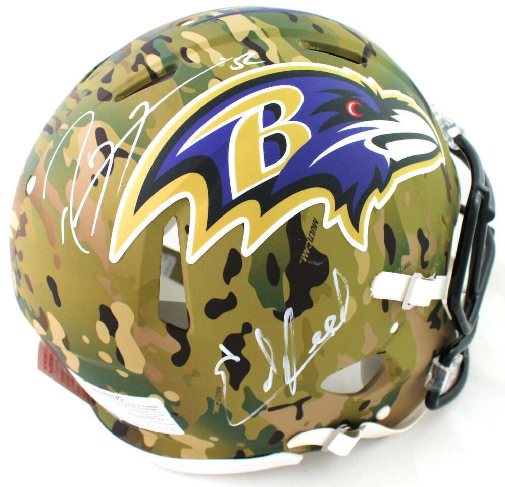 Ed Reed Ray Lewis Signed Ravens Camo Helmet Beckett Authenticated: Ed Reed Ray Lewis Signed Ravens Camo Helmet Beckett Authenticated This authentic full-size helmet features the signatures of NFL legends Ed Reed and Ray Lewis, making it a must-have for any Baltimore