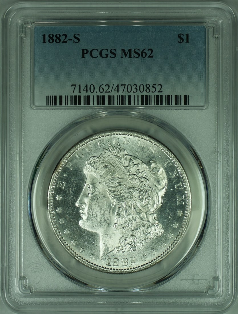 PCGS MS62 1882 San Francisco Morgan Dollar Silver Coin: PCGS MS62 1882 San Francisco Morgan Dollar Silver Coin This is an 1882-S Morgan Silver Dollar graded MS-62 by PCGS. Minted in San Francisco, this uncirculated coin is composed of 0.9 fine silver and f