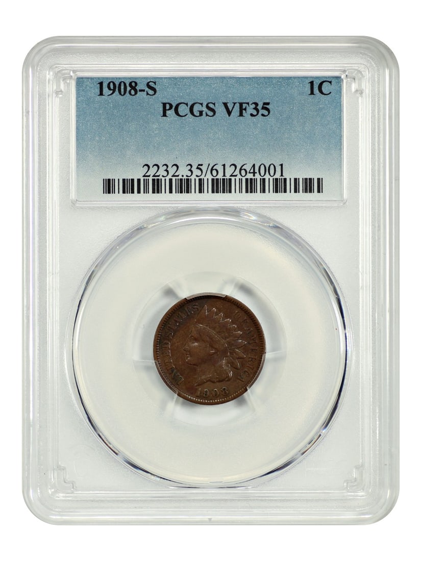 1908-S Indian Cent PCGS VF35 Key Date Coin: 1908-S Indian Cent PCGS VF35 Key Date Coin This 1908-S Indian Cent is a highly sought-after key date coin, graded VF35 by PCGS, showcasing its historical significance and collectible value. The coin f