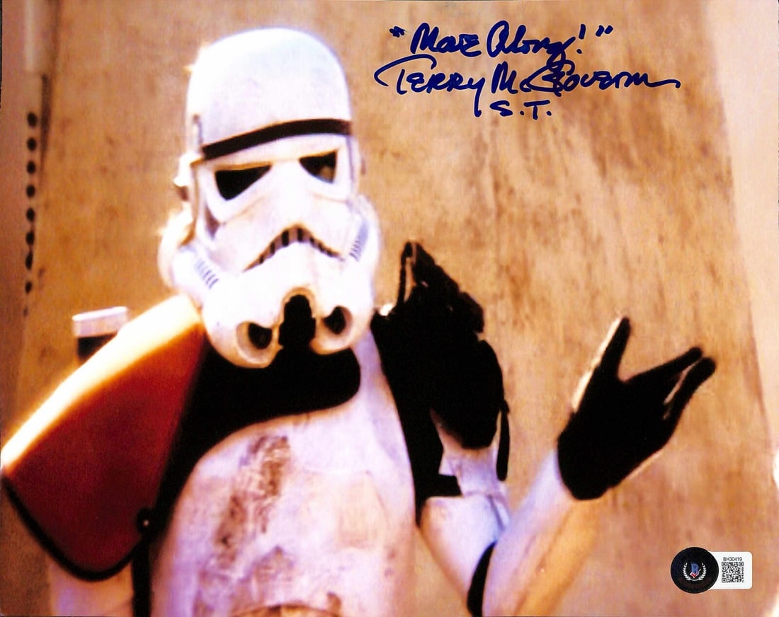 8x10 Signed Photo Terry McGovern Star Wars Stormtrooper Move Along Beckett Auth: 8x10 Signed Photo Terry McGovern Star Wars Stormtrooper Move Along Beckett Auth This is an original 8x10 photograph autographed by Terry McGovern, who provided the Stormtrooper voice in the original S