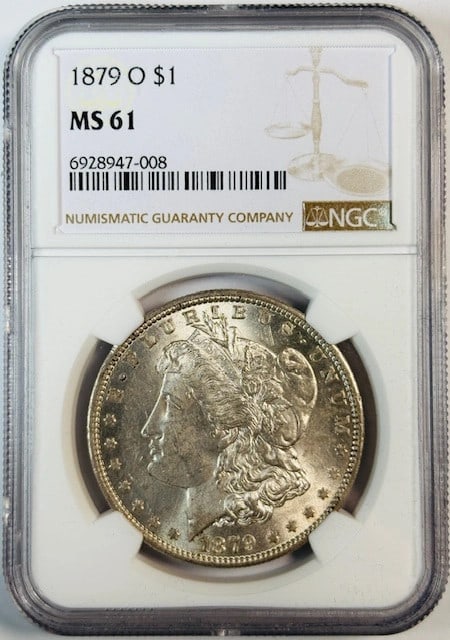 NGC MS61 1879 New Orleans Morgan Silver Dollar: NGC MS61 1879 New Orleans Morgan Silver Dollar This 1879 O Morgan Silver Dollar is certified by NGC with a grade of MS 61, indicating an uncirculated coin. Minted in New Orleans, it features the class