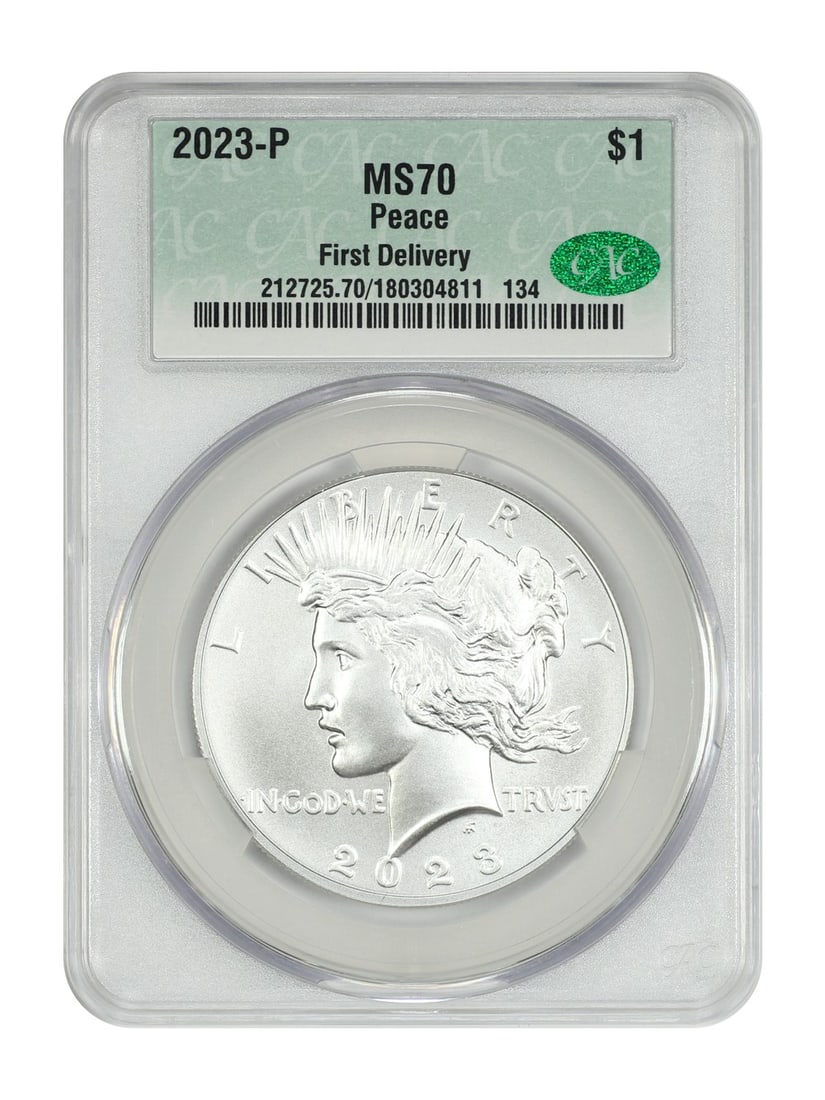 CACG MS70 2023 Philadelphia Peace Dollar First Delivery Certified: CACG MS70 2023 Philadelphia Peace Dollar First Delivery Certified This 2023-P $1 Peace Dollar is a modern commemorative coin struck at the Philadelphia Mint. Certified by CACG with a grade of MS70, it