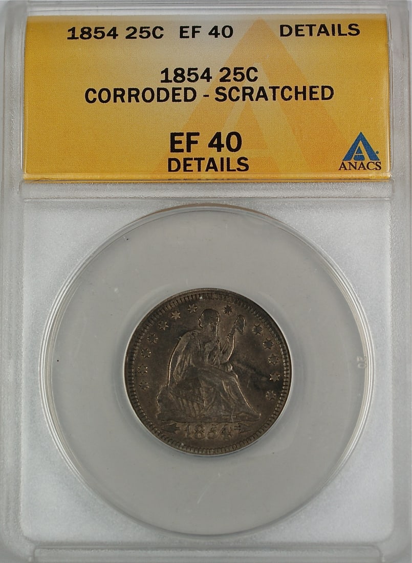 1854 Seated Liberty 25C Silver Coin ANACS EF-40 Corroded Scratched Details: 1854 Seated Liberty 25C Silver Coin ANACS EF-40 Corroded Scratched Details This is an 1854 Seated Liberty Silver Quarter from the United States, certified by ANACS with a grade of EF-40. The coin is c