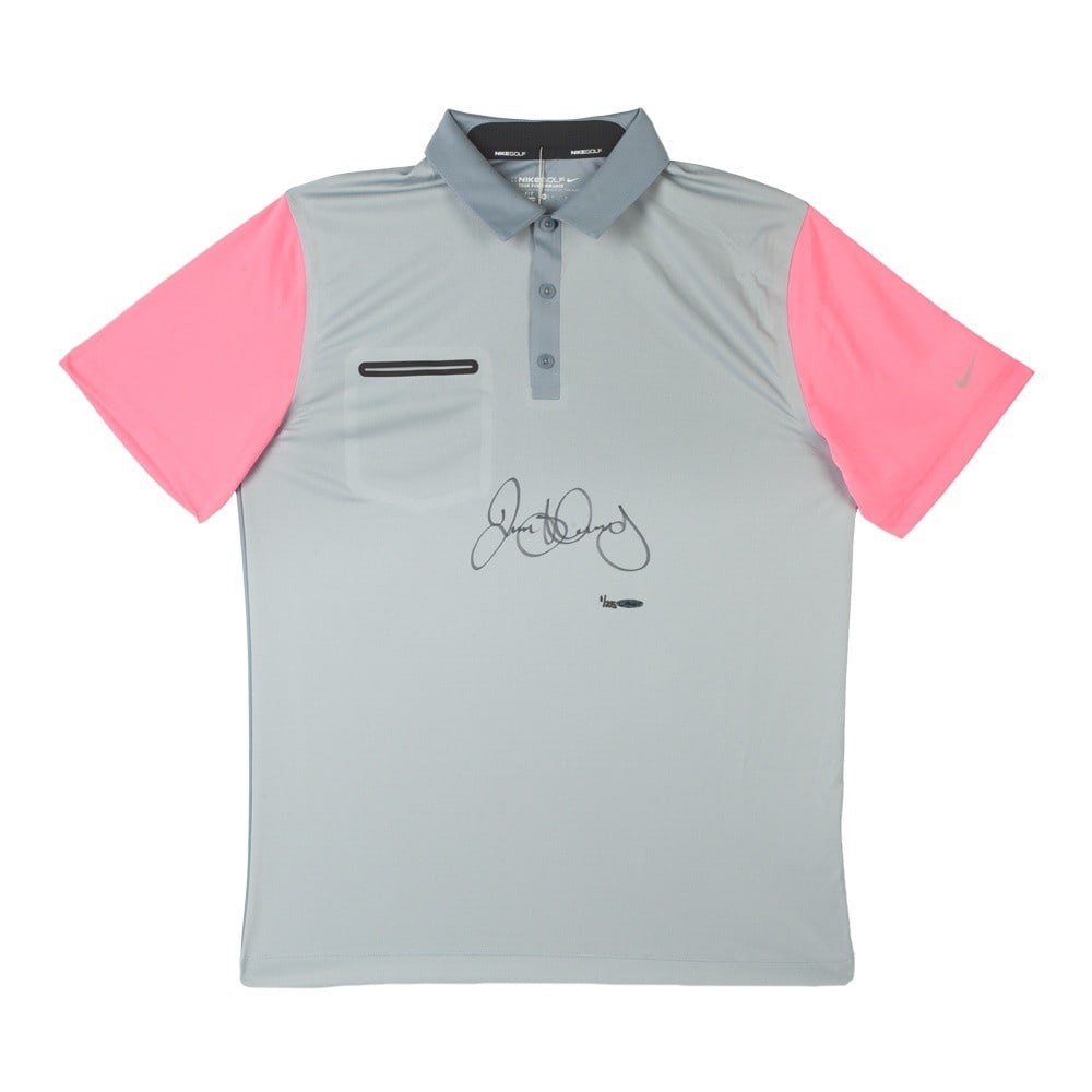 Rory McIlroy Autographed Nike Polo Golf Shirt Limited Edition /25: Rory McIlroy Autographed Nike Polo Golf Shirt Limited Edition /25 This limited edition autographed gray and pink Nike polo golf shirt is signed by professional golfer Rory McIlroy. It is part of a ser