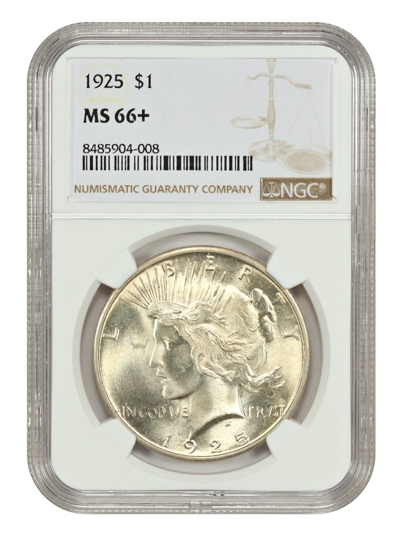 NGC MS66+ 1925 Peace Dollar Silver Coin Philadelphia Mint: NGC MS66+ 1925 Peace Dollar Silver Coin Philadelphia Mint This 1925 Peace Dollar is graded MS66+ by NGC, indicating its uncirculated condition and exceptional quality. Minted in Philadelphia, this pre