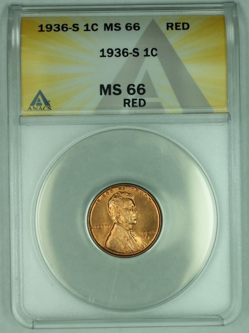 ANACS MS 66 RD 1936-S Lincoln Wheat Cent Uncirculated 1C Coin: ANACS MS 66 RD 1936-S Lincoln Wheat Cent Uncirculated 1C Coin This 1936-S Lincoln Wheat Cent is an uncirculated small cent from the United States, featuring the classic Lincoln Wheat design. Graded MS