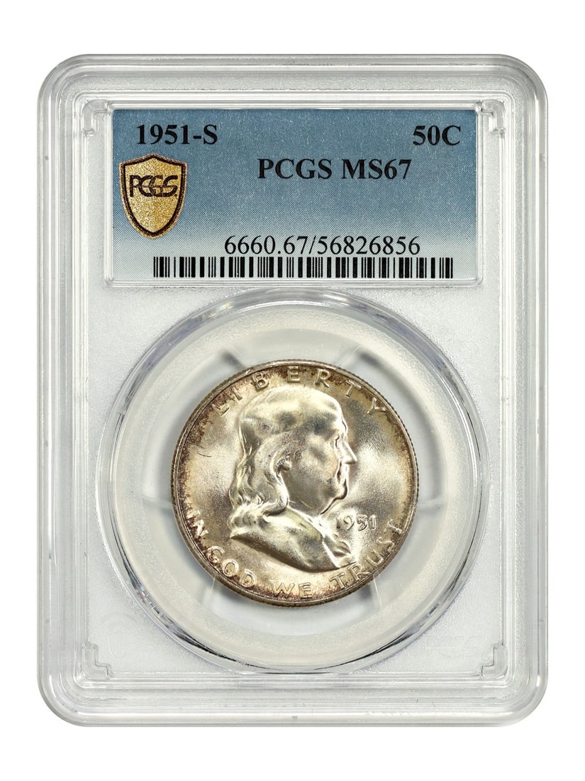 PCGS MS67 1951-S Franklin Half Dollar 50C Uncirculated San Francisco Mint: PCGS MS67 1951-S Franklin Half Dollar 50C Uncirculated San Francisco Mint This is a 1951-S Franklin Half Dollar coin, certified by PCGS with a grade of MS67. Struck at the San Francisco Mint, this unc