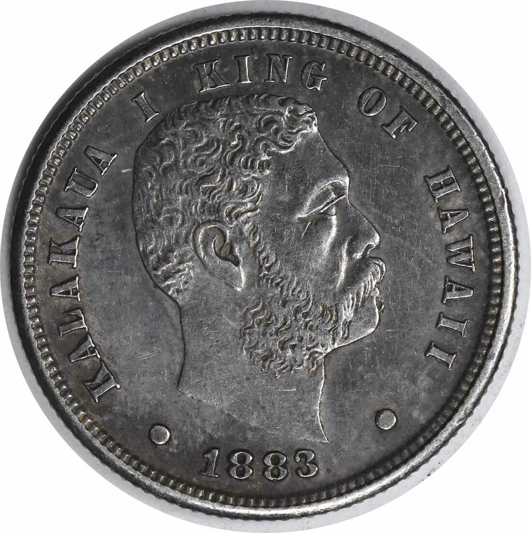 Silver 1883 Kingdom of Hawaii Dime AU Grade Uncertified Coin: Silver 1883 Kingdom of Hawaii Dime AU Grade Uncertified Coin This 1883 Hawaiian Dime originates from the Kingdom of Hawaii and is composed of silver. Graded as About Uncirculated (AU), it is a circula