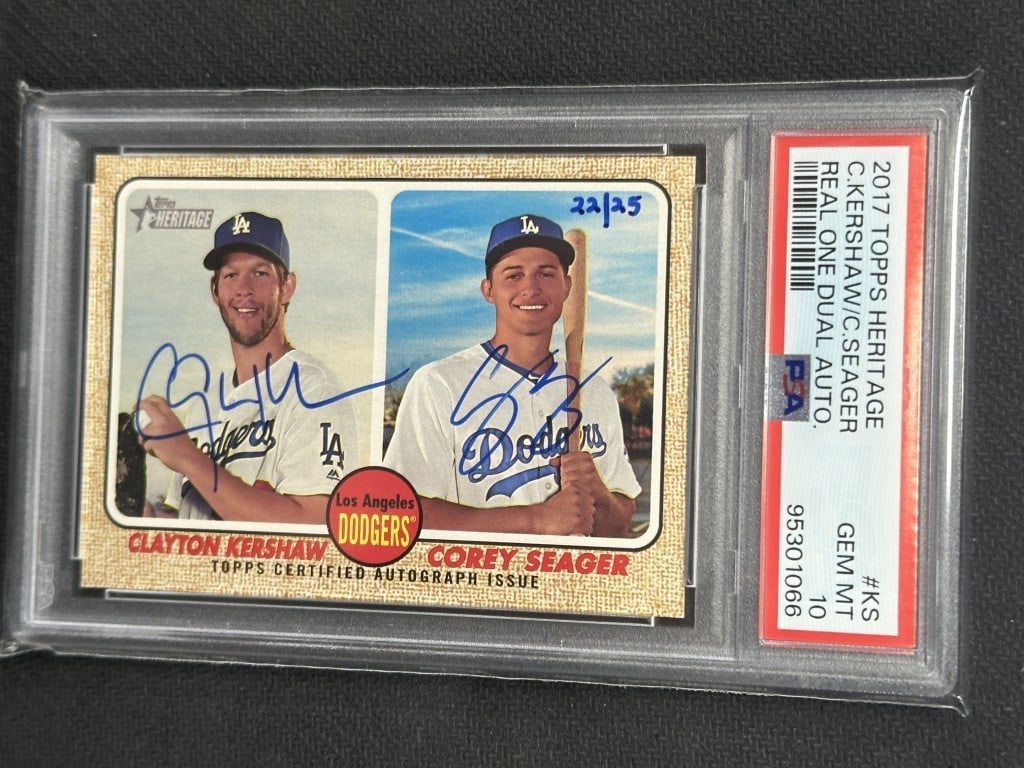 2017 Topps Heritage Dual Auto Jersey Clayton Kershaw Seager PSA 10 #KS: 2017 Topps Heritage Dual Auto Jersey Clayton Kershaw Seager PSA 10 #KS This is a 2017 Topps Heritage Dual Autograph Baseball Card featuring Clayton Kershaw and Corey Seager, graded a perfect PSA 10. T
