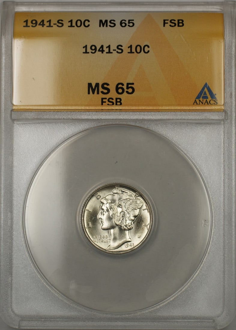 1941-S Silver Dime ANACS MS-65 Full Bands Uncirculated San Francisco Mint: 1941-S Silver Dime ANACS MS-65 Full Bands Uncirculated San Francisco Mint This 1941-S Mercury Dime is certified by ANACS with a grade of MS-65 and features full split bands. Struck in San Francisco, t