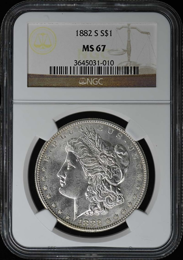 1882-S Morgan Dollar NGC MS67 Uncirculated Coin: 1882-S Morgan Dollar NGC MS67 Uncirculated Coin This stunning 1882-S Morgan Dollar is certified by NGC with a grade of MS67, indicating its exceptional uncirculated condition. Minted in San Francisco,