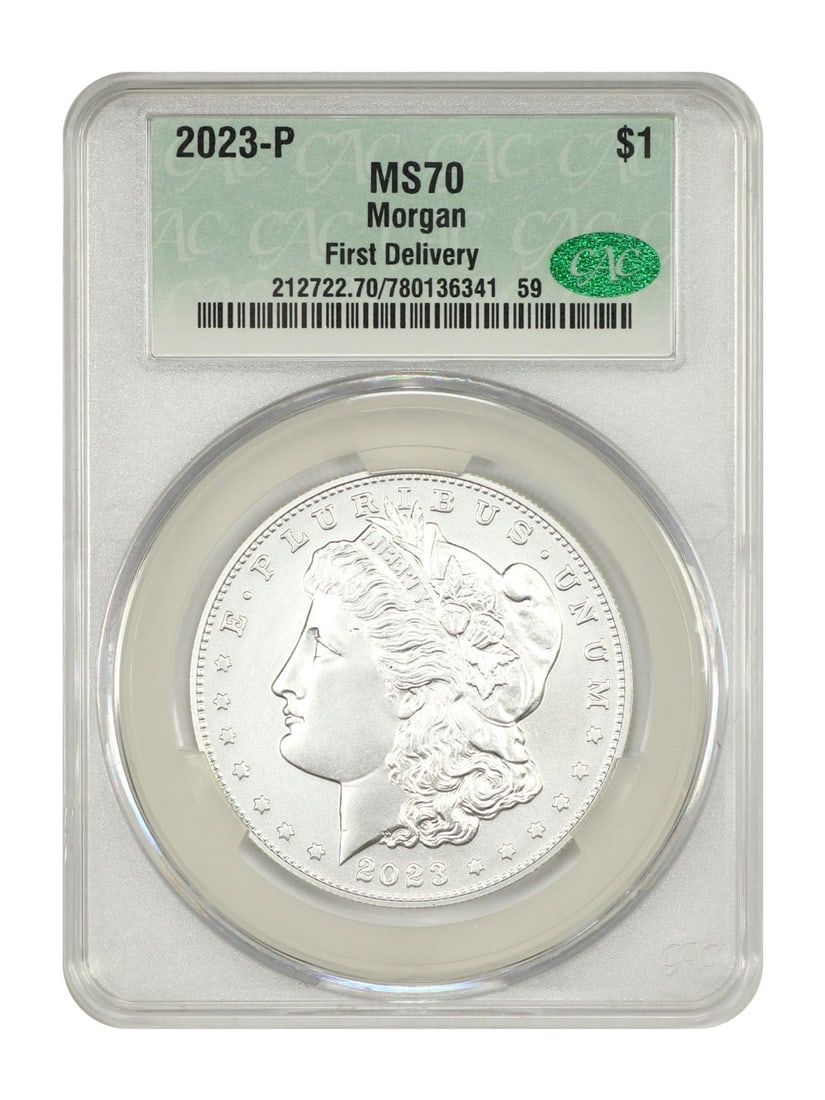 CACG MS70 2023 Philadelphia Morgan Dollar First Delivery Uncirculated: CACG MS70 2023 Philadelphia Morgan Dollar First Delivery Uncirculated This is a 2023-P Morgan Dollar graded MS70 by CACG, indicating a flawless uncirculated condition. Struck at the Philadelphia Mint,