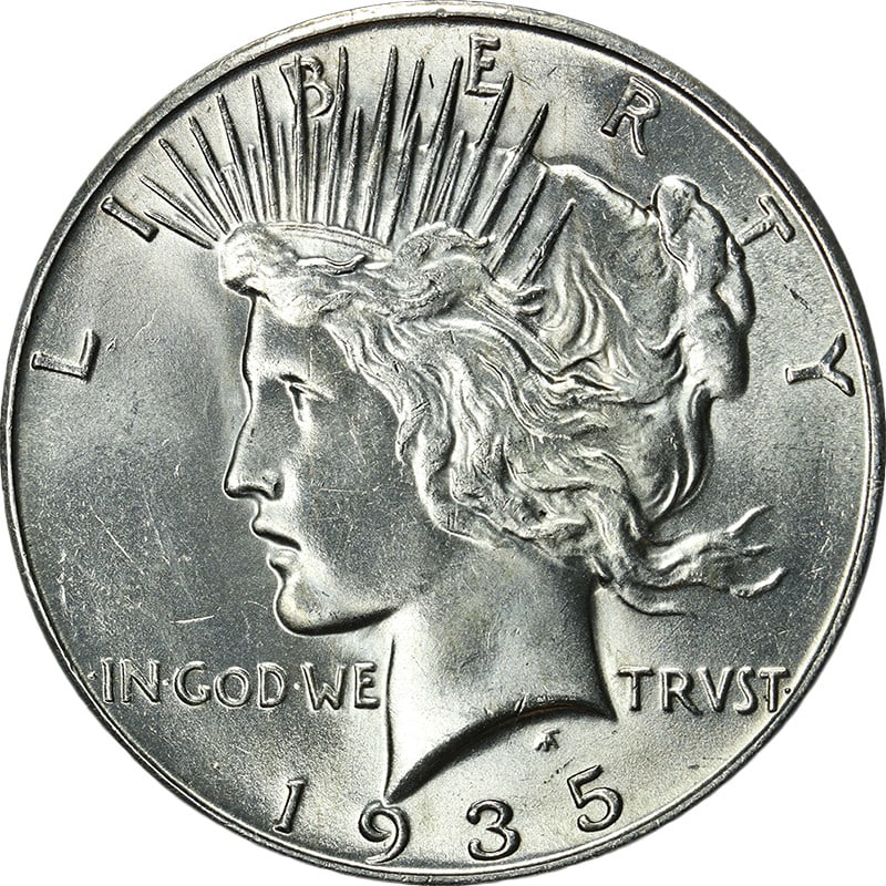 1935-S Peace Dollar Uncirculated Choice BU+ Strong Strike Blast White: 1935-S Peace Dollar Uncirculated Choice BU+ Strong Strike Blast White This stunning 1935-S Peace Dollar is a remarkable piece featuring a brilliant uncirculated finish with exceptional luster and stro