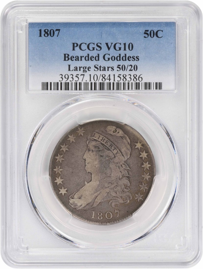 1807 Bust Half Dollar Bearded Goddess PCGS VG10 Large Stars: 1807 Bust Half Dollar Bearded Goddess PCGS VG10 Large Stars This 1807 Bust Silver Half Dollar features the Bearded Goddess design with large stars, showcasing exquisite craftsmanship from renowned des